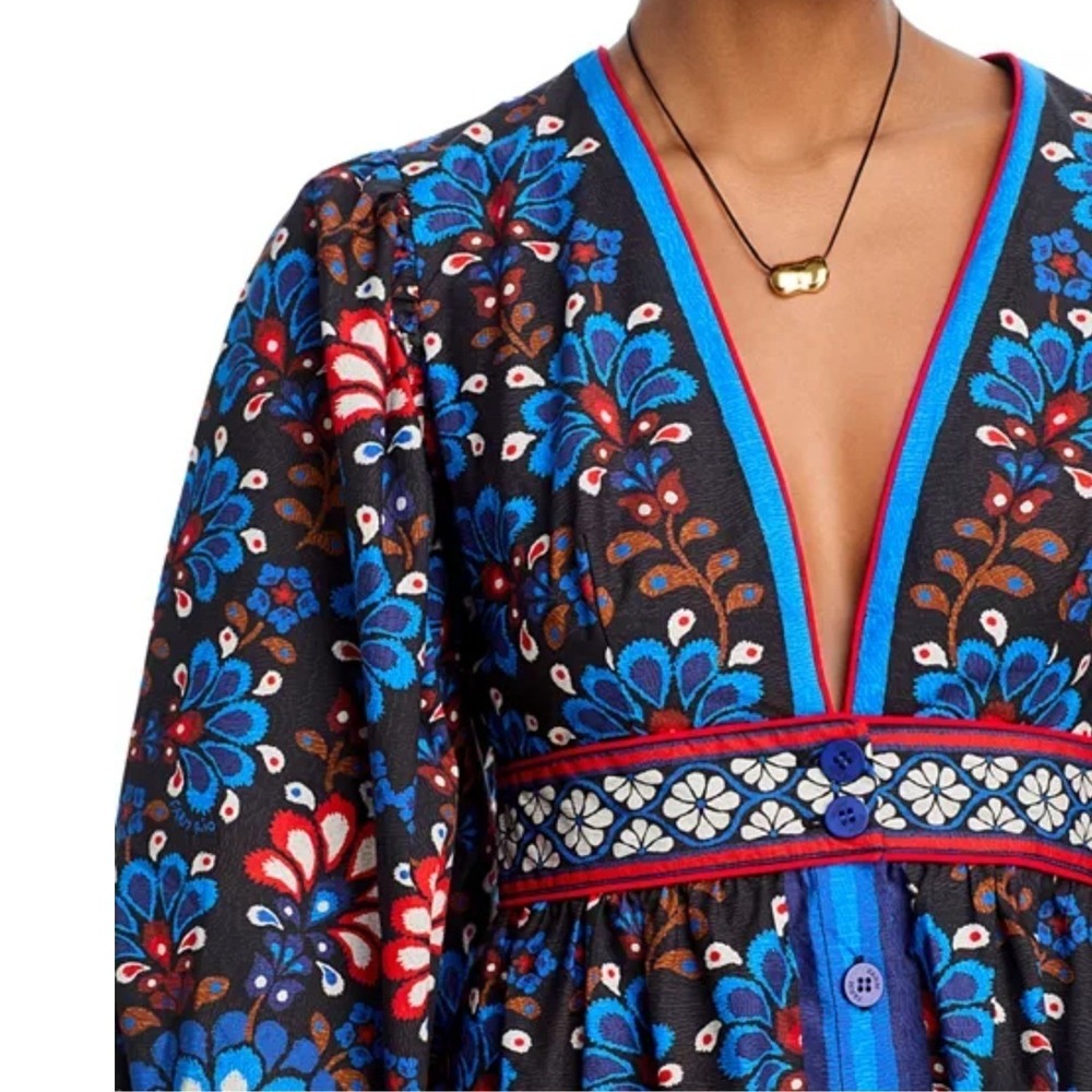 FARM RIO Latina Scarf Mini Dress Sz Medium Blue Mosaic Floral Cotton Long Sleeve - Picture 8 of 16